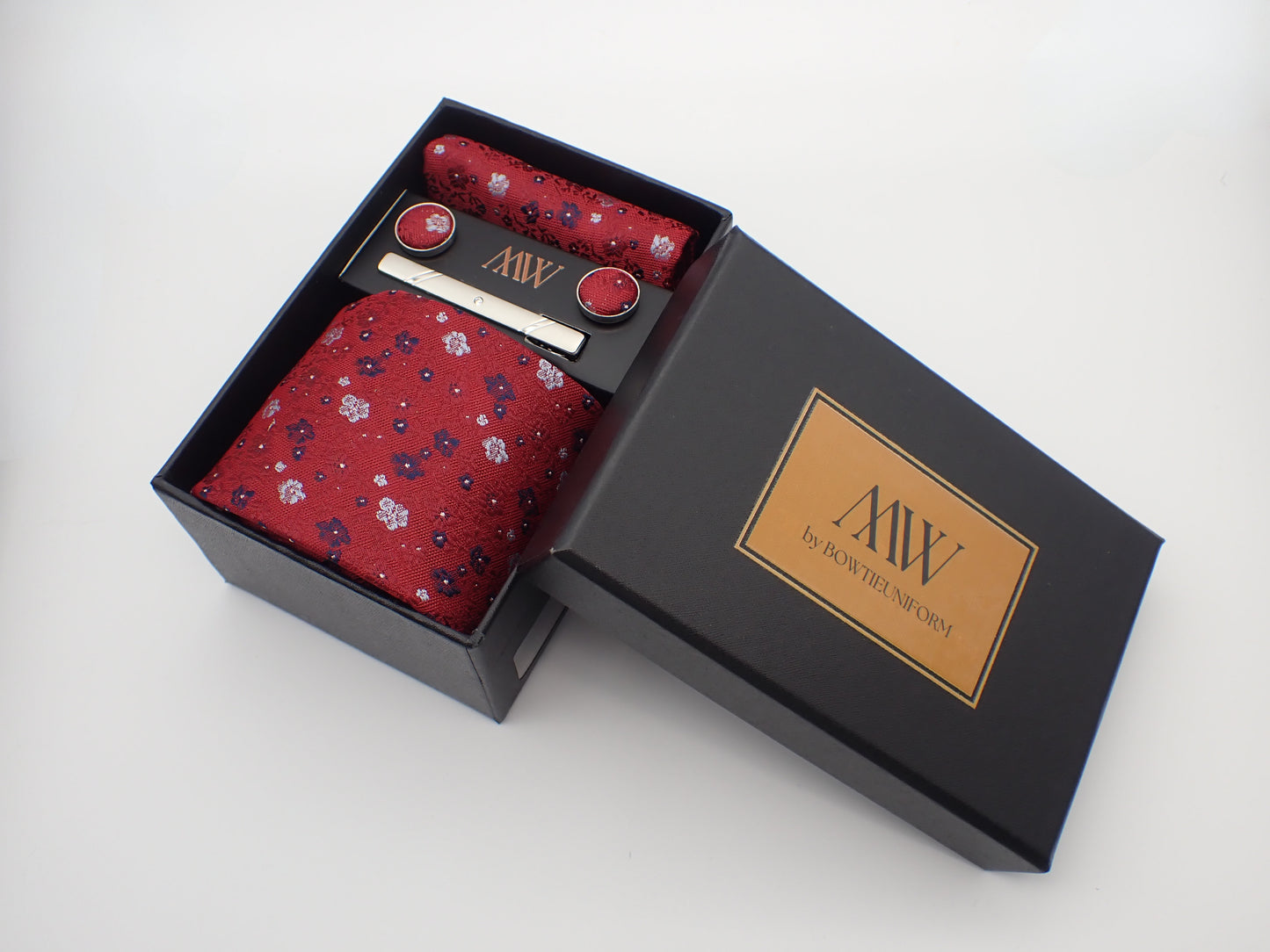 Burgundy Red Floral Pattern Tie Set / Pocket Square, Bowtie, Tie Clip, Cufflinks / Gift for Him / Wedding Groomsmen Gift / Men's Gift Box