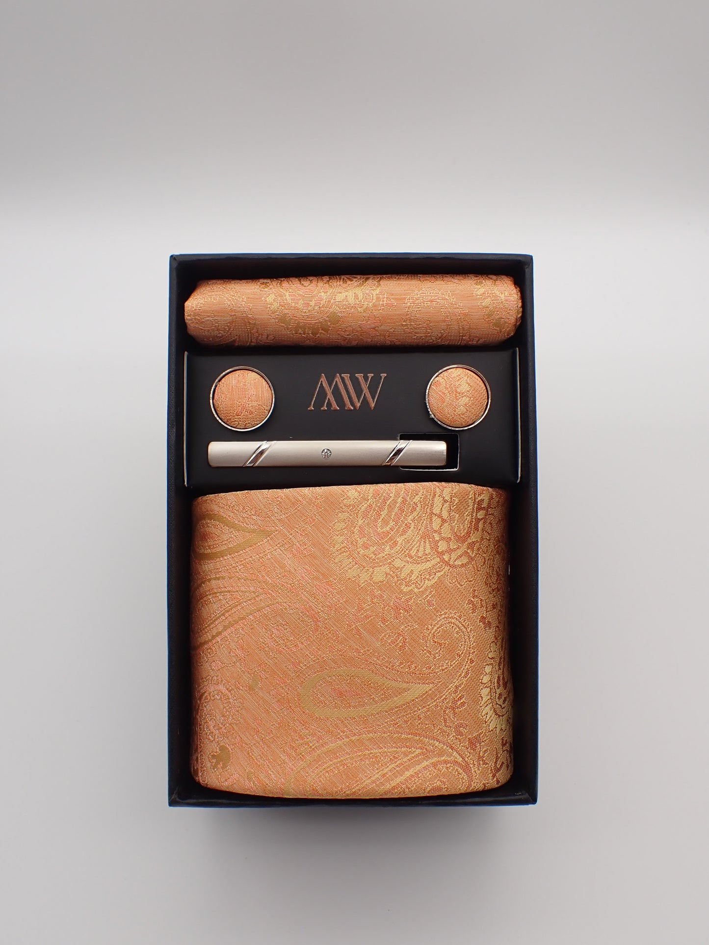 Orange Paisley Pattern Necktie Set / Pocket Square Tie Bowtie Cufflinks Set / Wedding Tie / Tie Clips / Gift for him Mens Groomsmen Gift