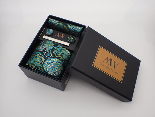 Green Paisley Tie Set / Pocket Square, Bowtie, Tie Clip, Cufflinks / Gift for Him / Wedding Groomsmen Gift / Men's Gift Box / Purple