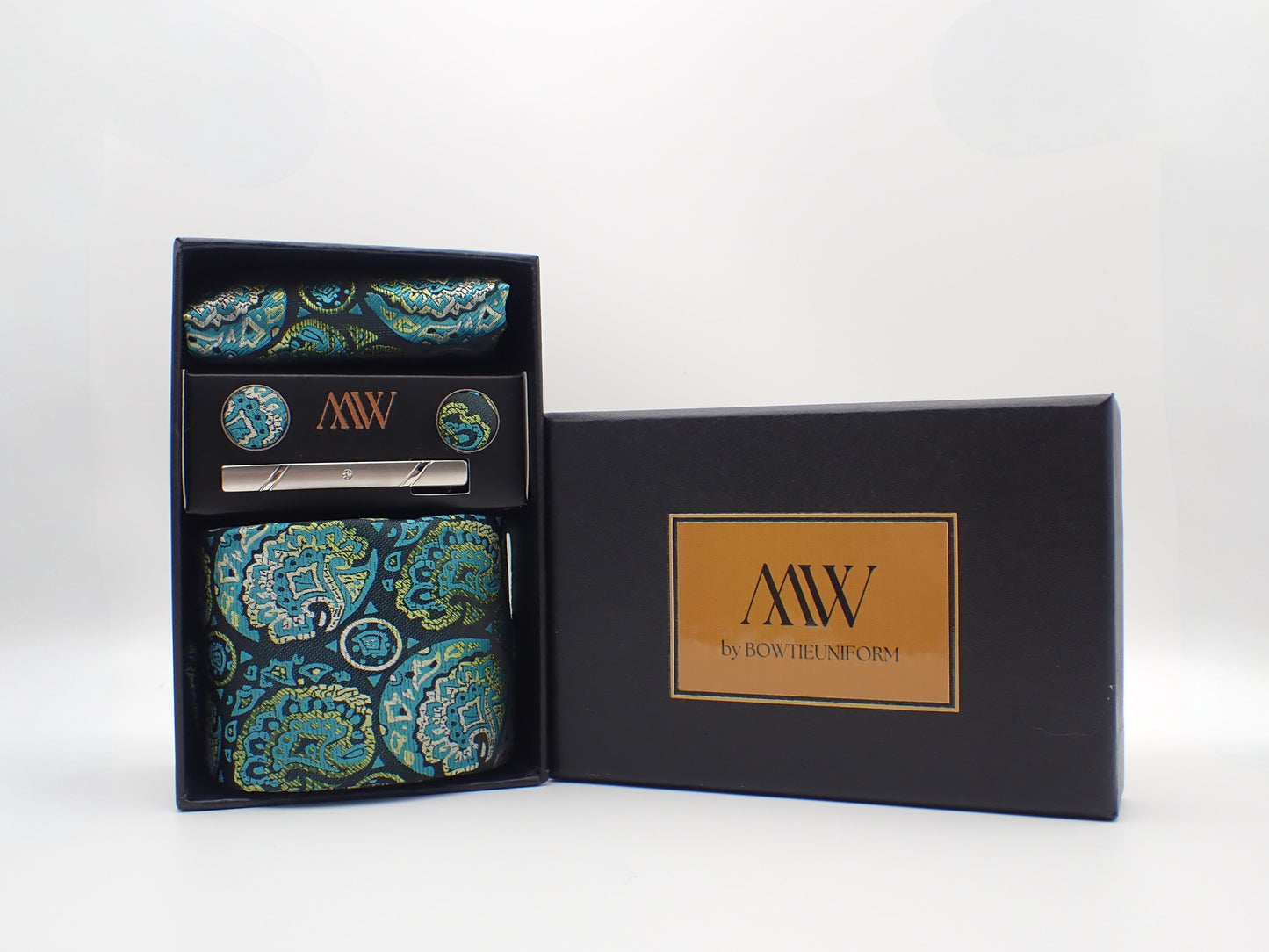 Green Paisley Tie Set / Pocket Square, Bowtie, Tie Clip, Cufflinks / Gift for Him / Wedding Groomsmen Gift / Men's Gift Box / Purple