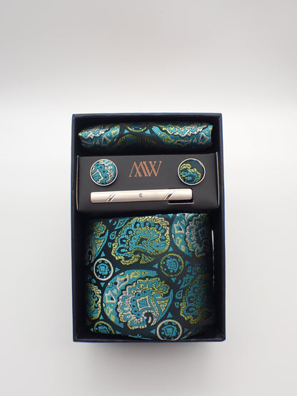Green Paisley Tie Set / Pocket Square, Bowtie, Tie Clip, Cufflinks / Gift for Him / Wedding Groomsmen Gift / Men's Gift Box / Purple