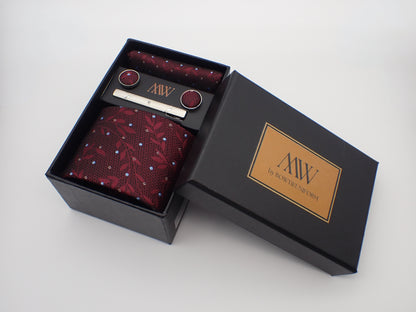 Burgundy Red Floral Pattern Tie Set / Pocket Square, Bowtie, Tie Clip, Cufflinks / Gift for Him / Wedding Groomsmen Gift / Men's Gift Box