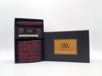 Burgundy Red Floral Pattern Tie Set / Pocket Square, Bowtie, Tie Clip, Cufflinks / Gift for Him / Wedding Groomsmen Gift / Men's Gift Box