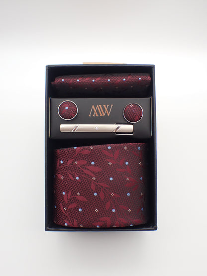 Burgundy Red Floral Pattern Tie Set / Pocket Square, Bowtie, Tie Clip, Cufflinks / Gift for Him / Wedding Groomsmen Gift / Men's Gift Box