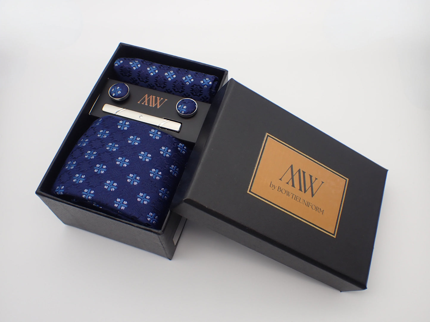 Blue Floral Pattern Tie Set / Pocket Square, Bowtie, Tie Clip, Cufflinks / Gift for Him / Wedding Groomsmen Gift / Men's Present / Gift Box