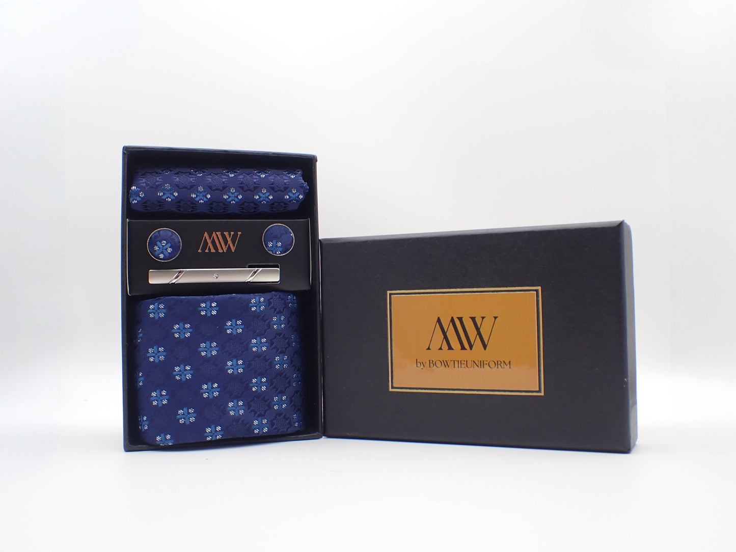 Blue Floral Pattern Tie Set / Pocket Square, Bowtie, Tie Clip, Cufflinks / Gift for Him / Wedding Groomsmen Gift / Men's Present / Gift Box