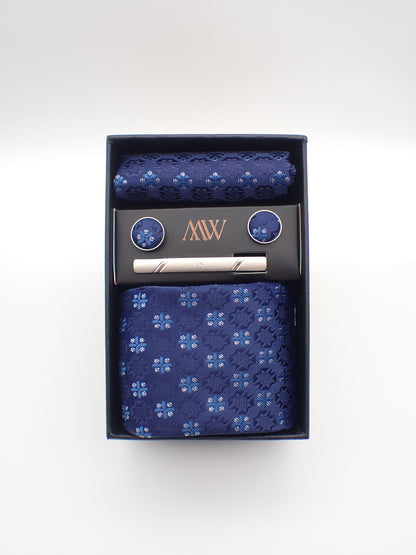 Blue Floral Pattern Tie Set / Pocket Square, Bowtie, Tie Clip, Cufflinks / Gift for Him / Wedding Groomsmen Gift / Men's Present / Gift Box