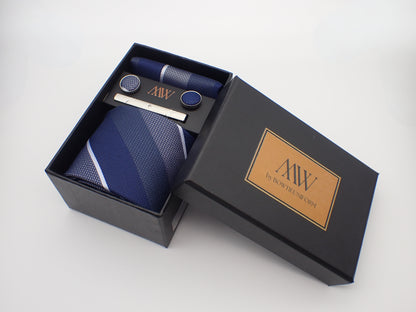 Dark Gray & Blue Stripe Pattern Tie Set / Pocket Square, Bowtie, Tie Clip, Cufflinks / Gift for Him / Wedding Groomsmen Gift / Men Gift Box