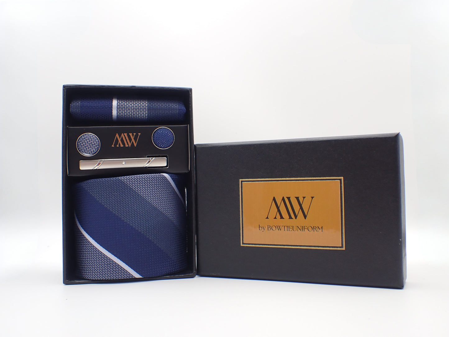 Dark Gray & Blue Stripe Pattern Tie Set / Pocket Square, Bowtie, Tie Clip, Cufflinks / Gift for Him / Wedding Groomsmen Gift / Men Gift Box