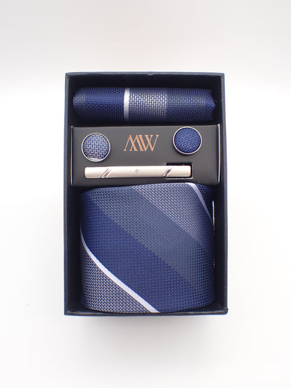 Dark Gray & Blue Stripe Pattern Tie Set / Pocket Square, Bowtie, Tie Clip, Cufflinks / Gift for Him / Wedding Groomsmen Gift / Men Gift Box