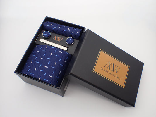 Navy Blue Paisley Tie Set / Tie, Bowtie, Pocket Square, Tie Clip, Cufflinks / Gift for Him / Wedding Groomsmen Gift Set / Men's Present