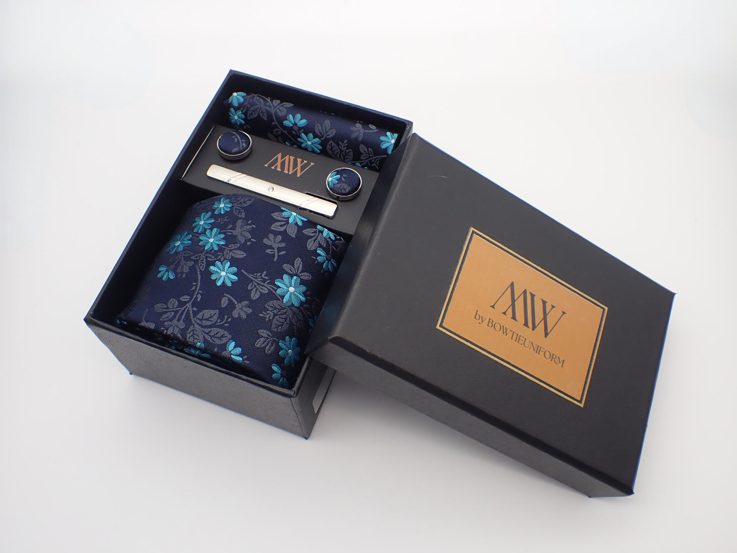 Navy Blue Floral Pattern Tie Set / Pocket Square, Bowtie, Tie Clip, Cufflinks / Gift for Him / Wedding Groomsmen Gift / Men Present / Box