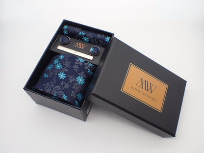 Navy Blue Floral Pattern Tie Set / Pocket Square, Bowtie, Tie Clip, Cufflinks / Gift for Him / Wedding Groomsmen Gift / Men Present / Box