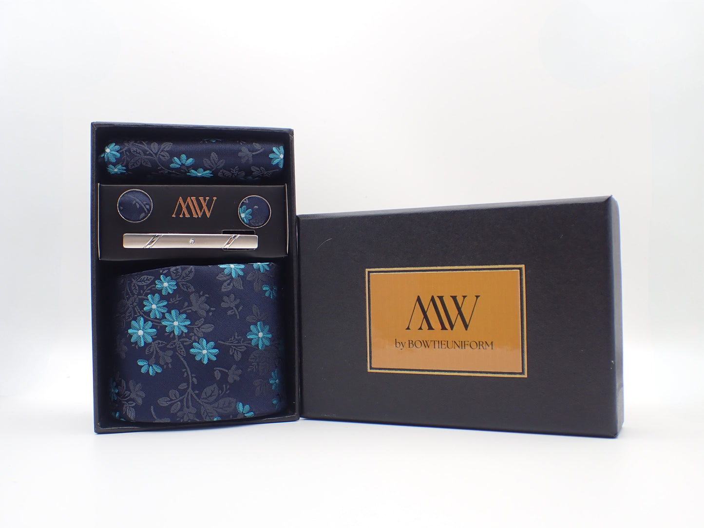 Navy Blue Floral Pattern Tie Set / Pocket Square, Bowtie, Tie Clip, Cufflinks / Gift for Him / Wedding Groomsmen Gift / Men Present / Box