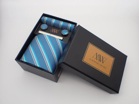 Blue Stripe Pattern Tie Set / Pocket Square Tie Bowtie Cufflinks Set / Wedding Tie / Tie Clips / Gift for him Mens Groomsmen Gift