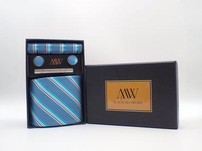 Blue Stripe Pattern Tie Set / Pocket Square Tie Bowtie Cufflinks Set / Wedding Tie / Tie Clips / Gift for him Mens Groomsmen Gift