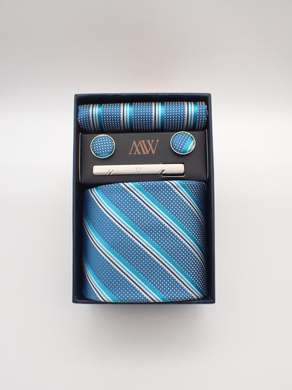 Blue Stripe Pattern Tie Set / Pocket Square Tie Bowtie Cufflinks Set / Wedding Tie / Tie Clips / Gift for him Mens Groomsmen Gift