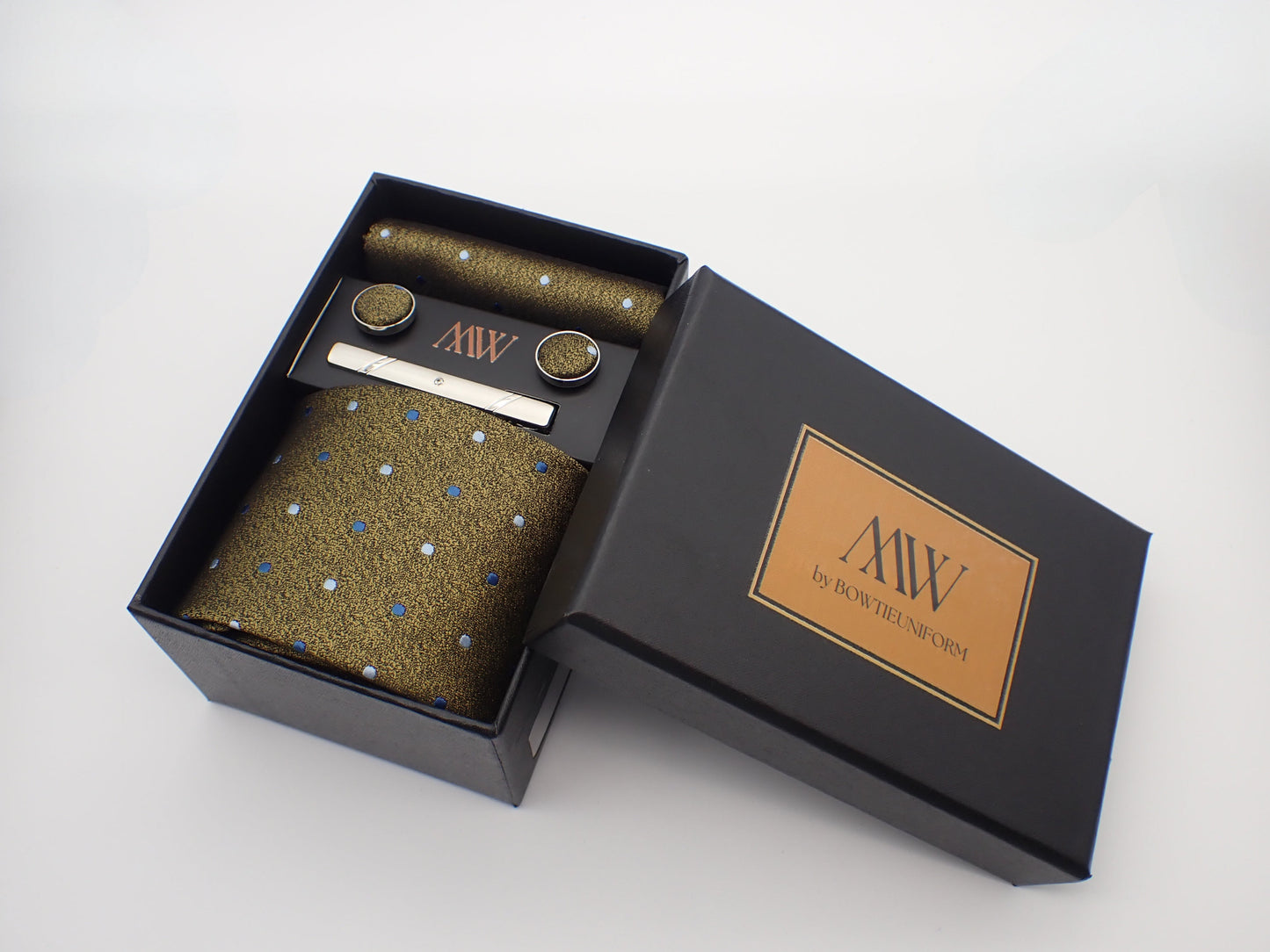 Brown Green Dot Pattern Tie Set / Pocket Square, Bowtie, Tie Clip, Cufflinks / Gift for Him / Wedding Groomsmen Gift / Men Gift Box