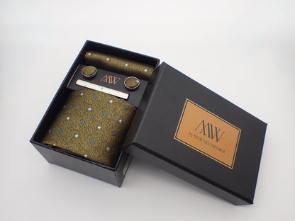 Brown Green Dot Pattern Tie Set / Pocket Square, Bowtie, Tie Clip, Cufflinks / Gift for Him / Wedding Groomsmen Gift / Men Gift Box