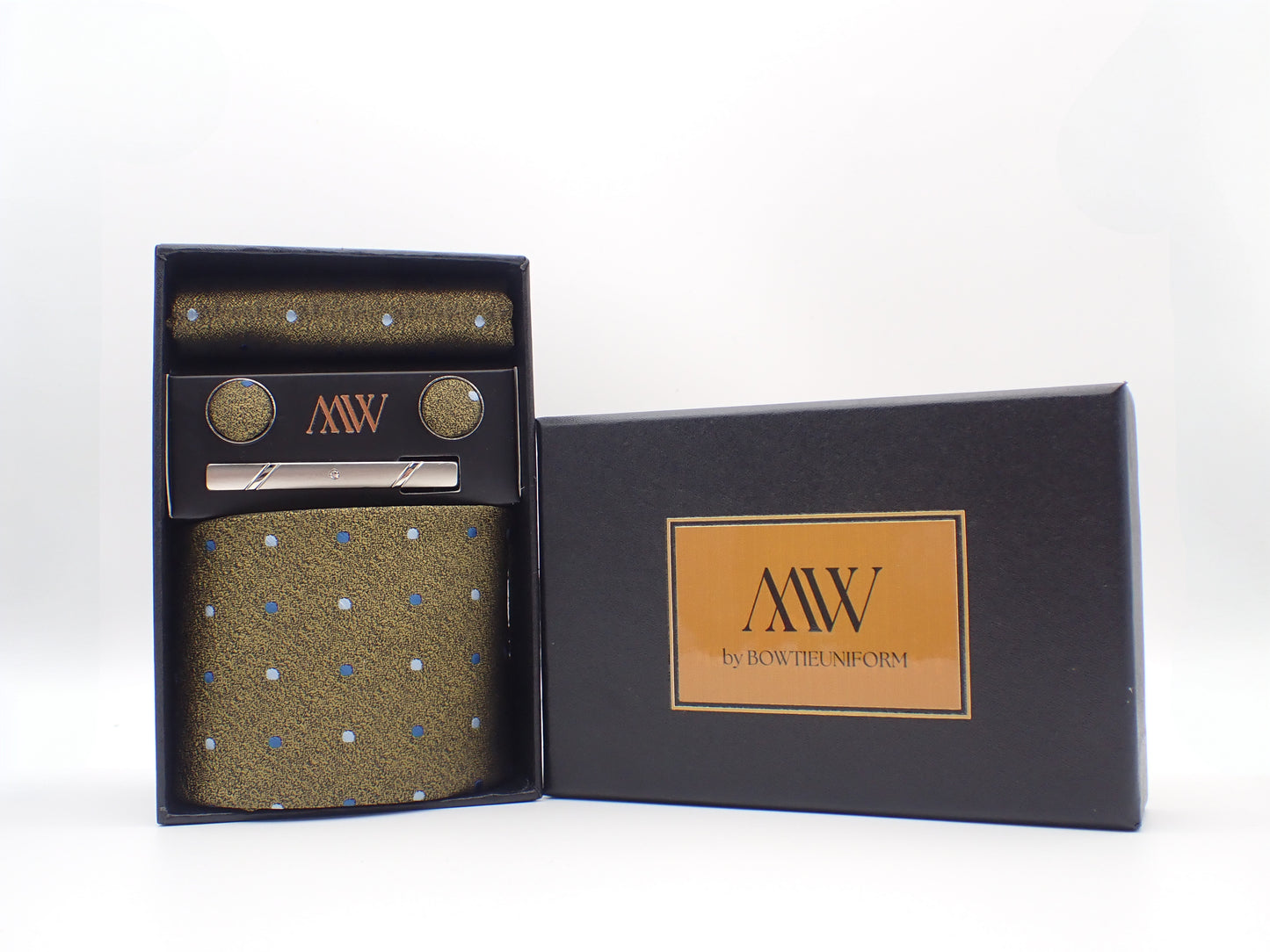 Brown Green Dot Pattern Tie Set / Pocket Square, Bowtie, Tie Clip, Cufflinks / Gift for Him / Wedding Groomsmen Gift / Men Gift Box