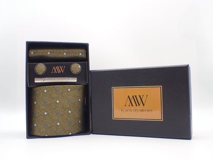 Brown Green Dot Pattern Tie Set / Pocket Square, Bowtie, Tie Clip, Cufflinks / Gift for Him / Wedding Groomsmen Gift / Men Gift Box