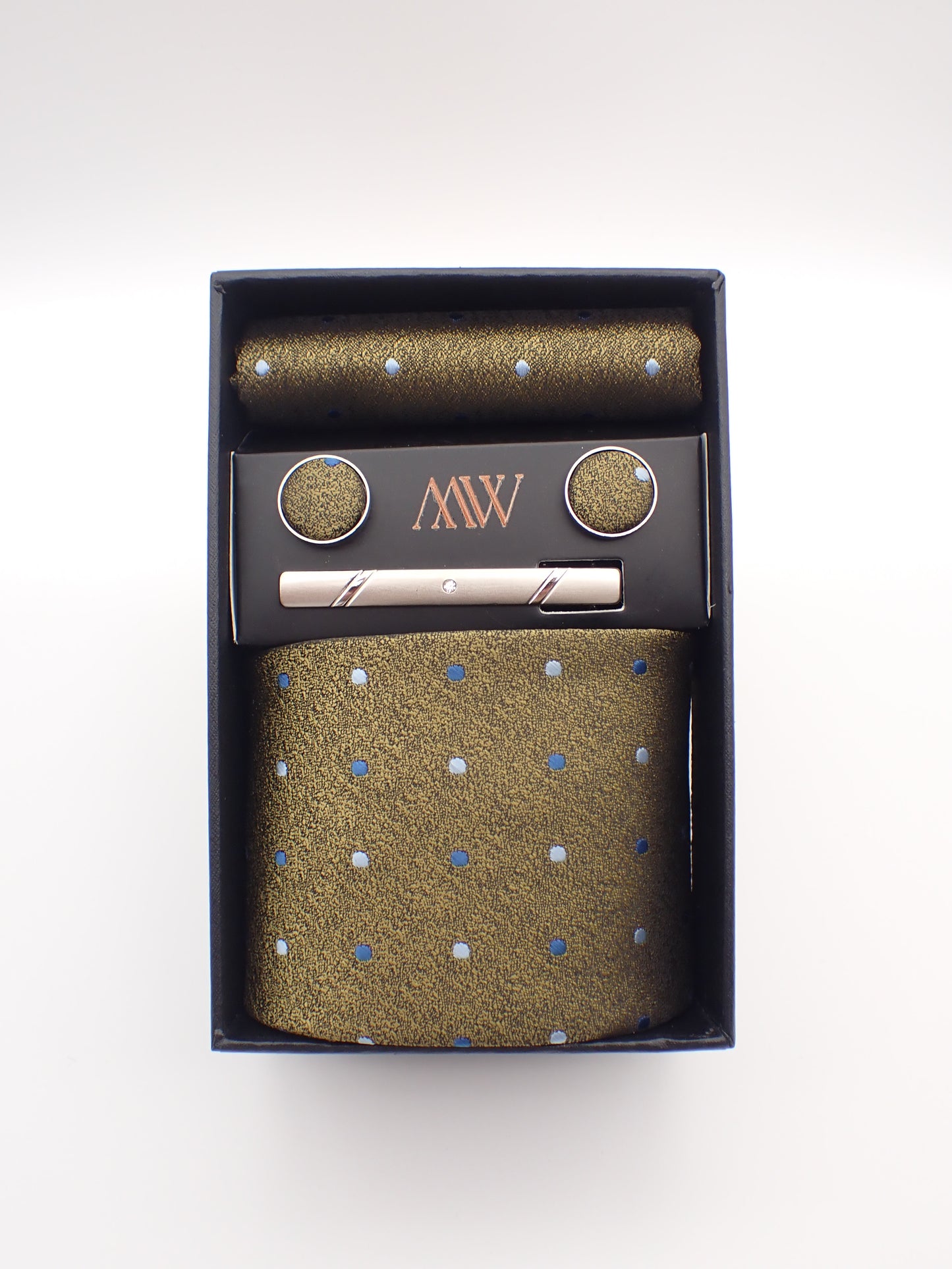 Brown Green Dot Pattern Tie Set / Pocket Square, Bowtie, Tie Clip, Cufflinks / Gift for Him / Wedding Groomsmen Gift / Men Gift Box