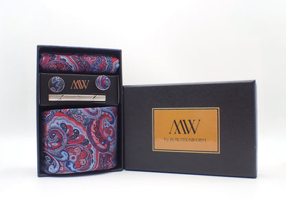 Red and Blue Paisley Tie Set / Pocket Square, Bowtie, Tie Clip, Cufflinks / Gift for Him / Wedding Groomsmen Gift / Men's Gift Box / Purple