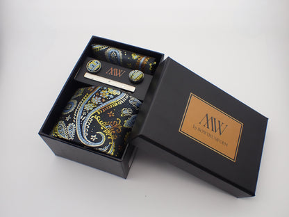 Black Paisley Pattern Tie Set / Pocket Square, Bowtie, Tie Clip, Cufflinks / Gift for Him / Wedding Groomsmen Gift / Men's Gift Box / Purple