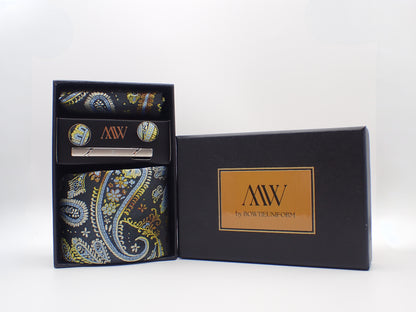 Black Paisley Pattern Tie Set / Pocket Square, Bowtie, Tie Clip, Cufflinks / Gift for Him / Wedding Groomsmen Gift / Men's Gift Box / Purple