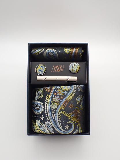 Black Paisley Pattern Tie Set / Pocket Square, Bowtie, Tie Clip, Cufflinks / Gift for Him / Wedding Groomsmen Gift / Men's Gift Box / Purple