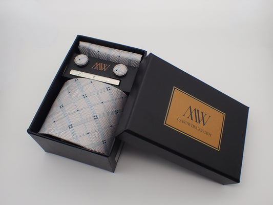 Silver Blue Stripe Pattern Tie Set / Pocket Square, Bowtie, Tie Clip, Cufflinks / Gift for Him / Wedding Groomsmen Gift / Men Gift Box