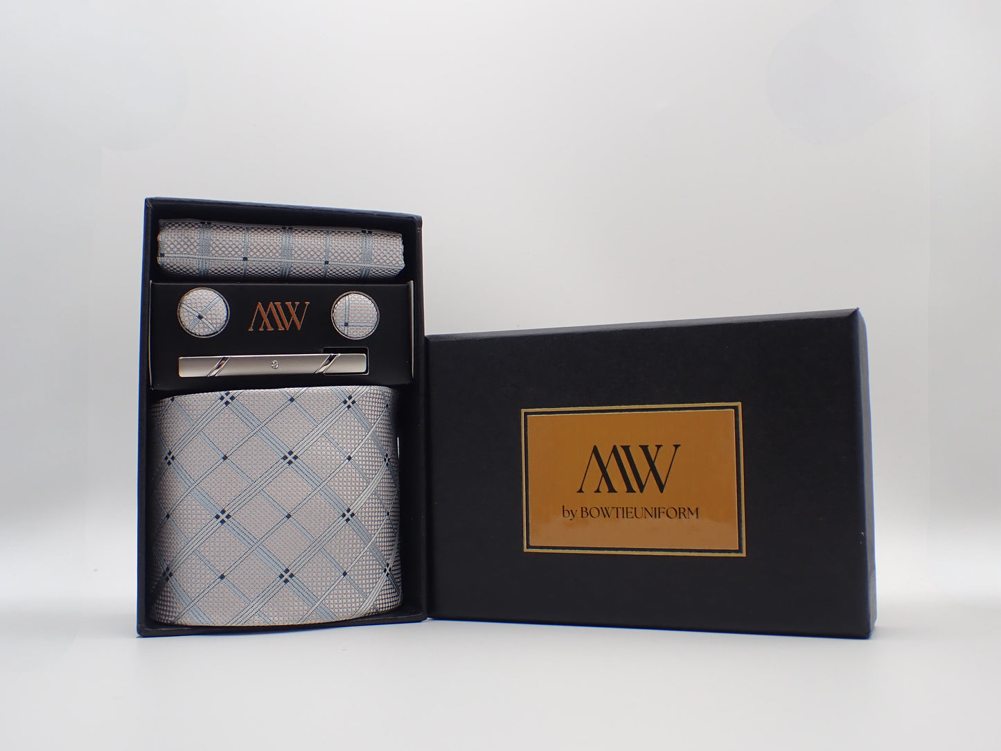 Silver Blue Stripe Pattern Tie Set / Pocket Square, Bowtie, Tie Clip, Cufflinks / Gift for Him / Wedding Groomsmen Gift / Men Gift Box