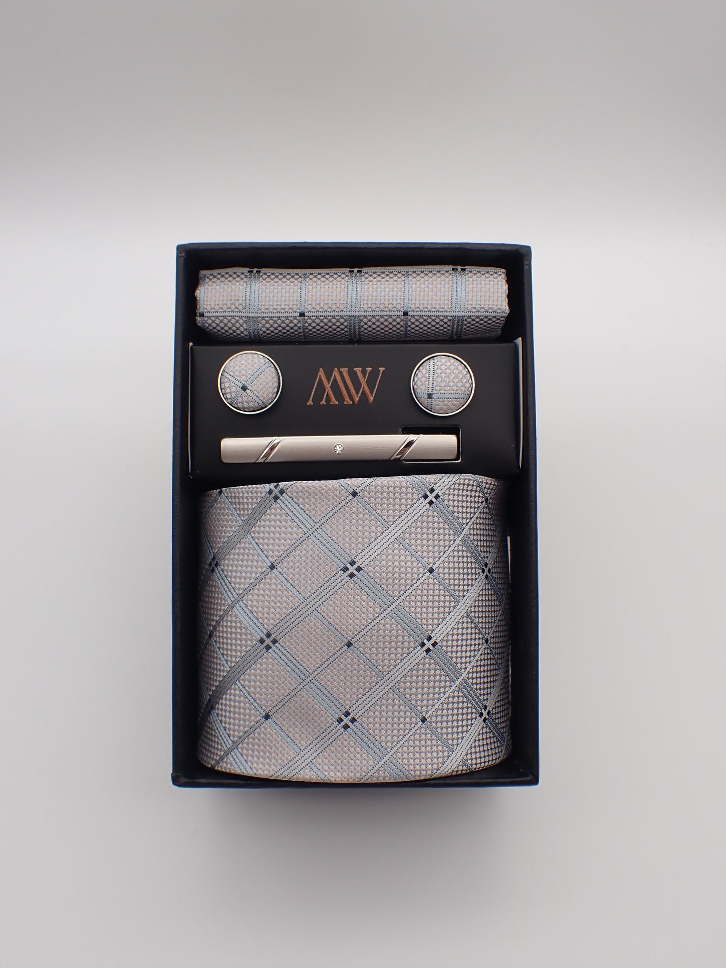 Silver Blue Stripe Pattern Tie Set / Pocket Square, Bowtie, Tie Clip, Cufflinks / Gift for Him / Wedding Groomsmen Gift / Men Gift Box