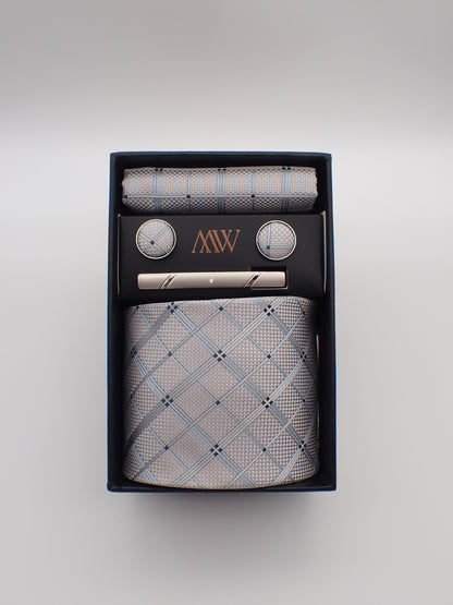 Silver Blue Stripe Pattern Tie Set / Pocket Square, Bowtie, Tie Clip, Cufflinks / Gift for Him / Wedding Groomsmen Gift / Men Gift Box
