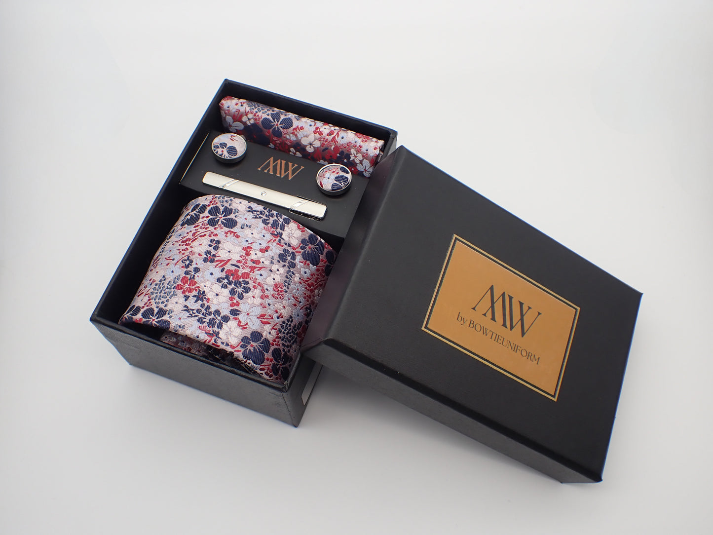 Pink Sakura Floral Tie Set / Pocket Square, Bowtie, Tie Clip, Cufflinks / Gift for Him / Wedding Groomsmen Gift / Men's Gift Box Japan Style