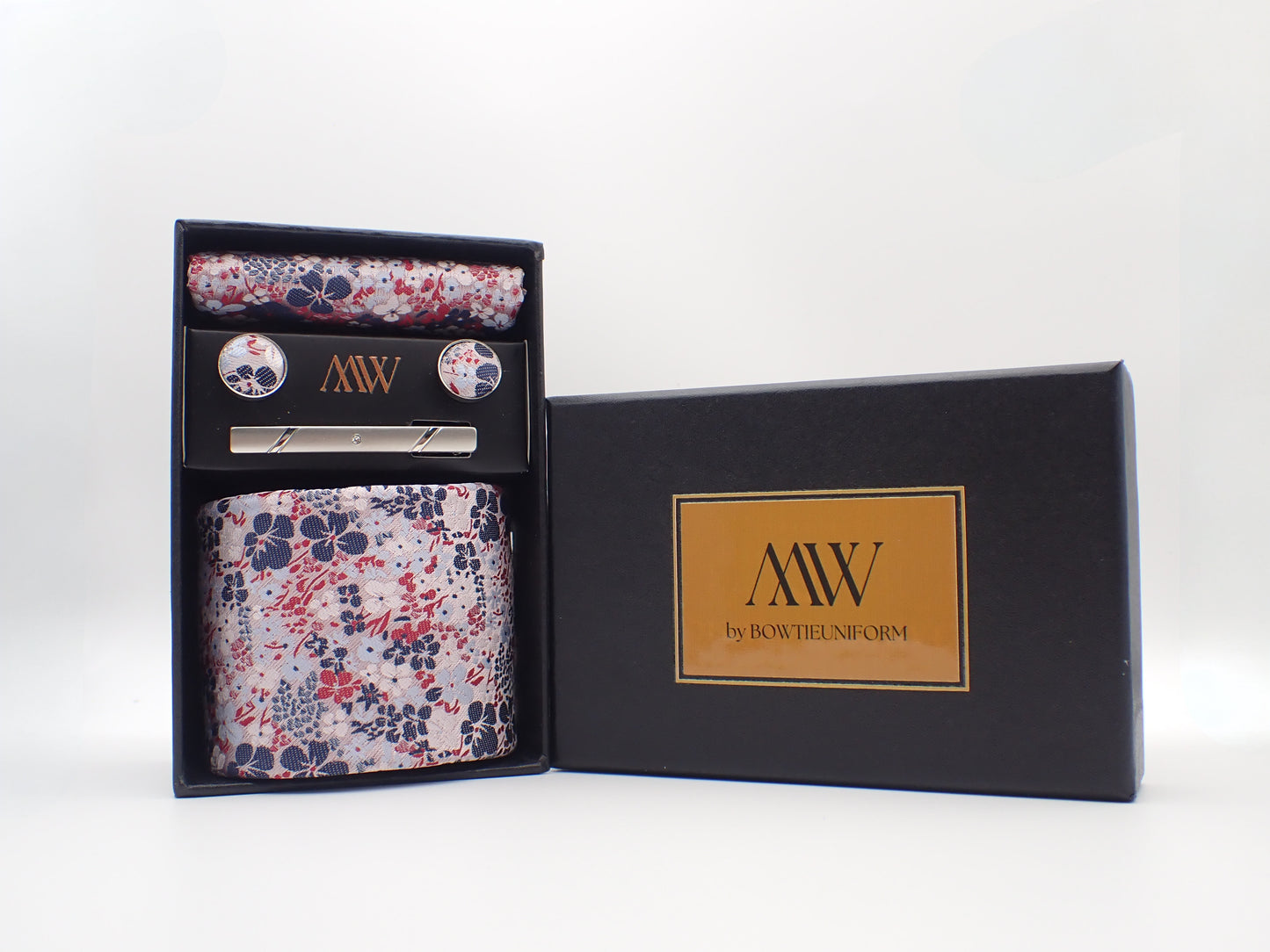 Pink Sakura Floral Tie Set / Pocket Square, Bowtie, Tie Clip, Cufflinks / Gift for Him / Wedding Groomsmen Gift / Men's Gift Box Japan Style