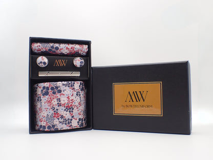 Pink Sakura Floral Tie Set / Pocket Square, Bowtie, Tie Clip, Cufflinks / Gift for Him / Wedding Groomsmen Gift / Men's Gift Box Japan Style