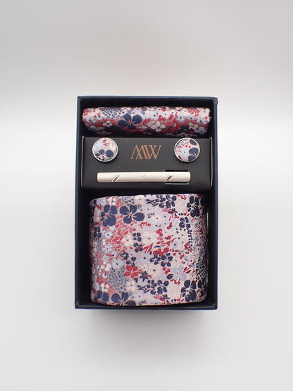 Pink Sakura Floral Tie Set / Pocket Square, Bowtie, Tie Clip, Cufflinks / Gift for Him / Wedding Groomsmen Gift / Men's Gift Box Japan Style