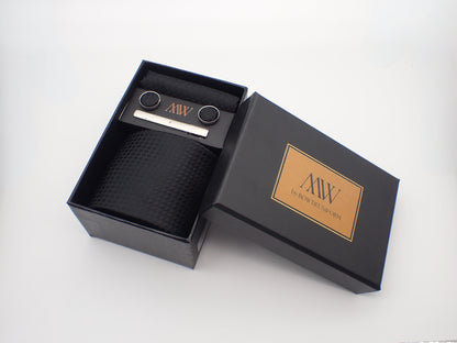 Black / Dark Pattern Tie Set / Pocket Square, Bowtie, Tie Clip, Cufflinks / Gift for Him / Wedding Groomsmen Gift / Men's Present / Box