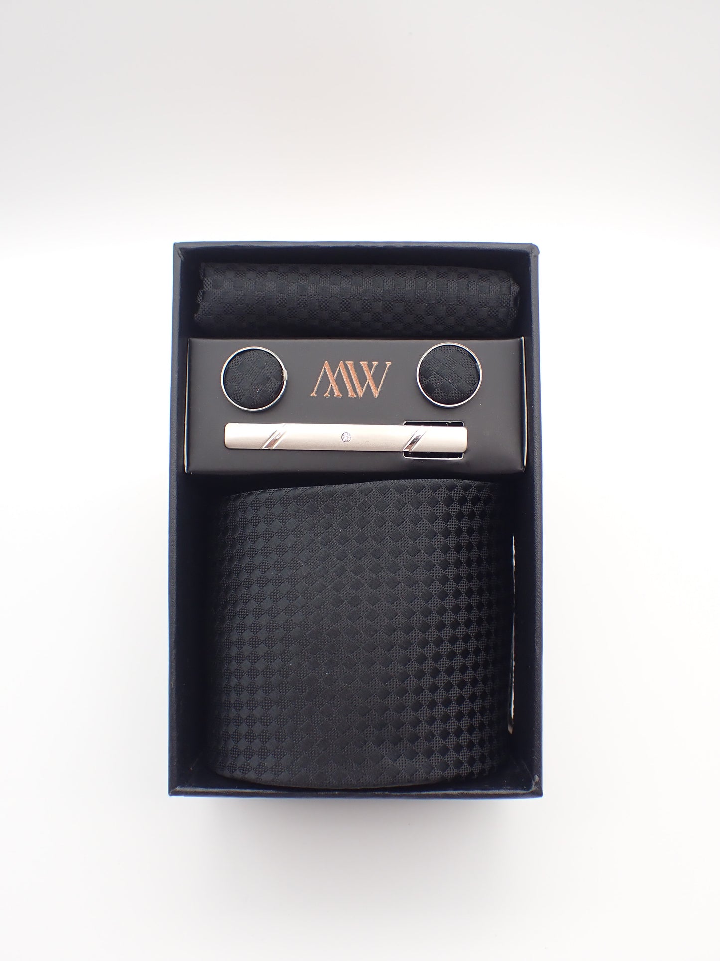 Black / Dark Pattern Tie Set / Pocket Square, Bowtie, Tie Clip, Cufflinks / Gift for Him / Wedding Groomsmen Gift / Men's Present / Box