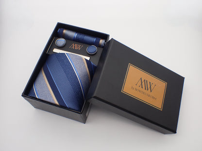 Silver Blue Stripe Pattern Tie Set / Pocket Square, Bowtie, Tie Clip, Cufflinks / Gift for Him / Wedding Groomsmen Gift / Men's Gift Box