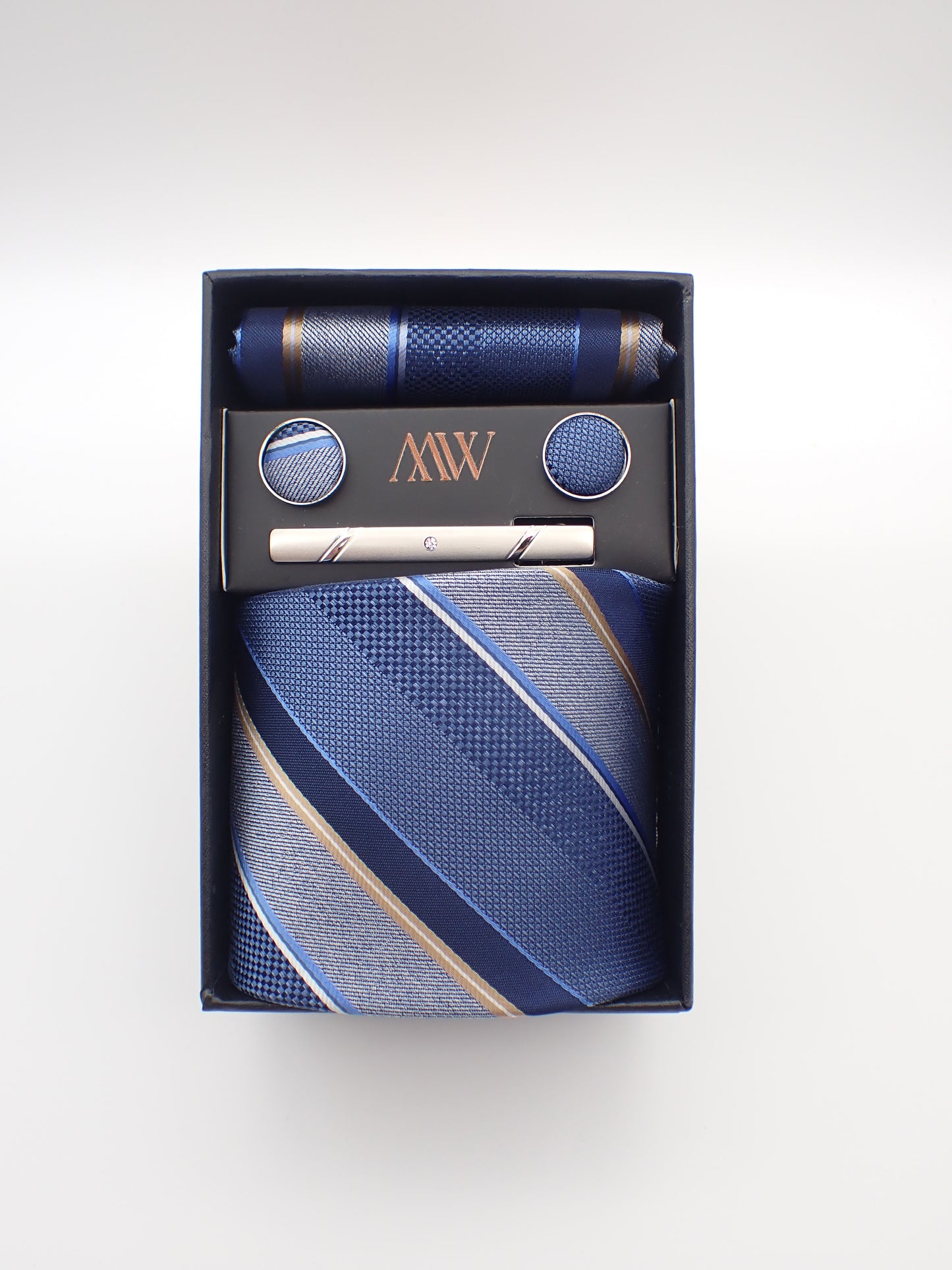 Silver Blue Stripe Pattern Tie Set / Pocket Square, Bowtie, Tie Clip, Cufflinks / Gift for Him / Wedding Groomsmen Gift / Men's Gift Box