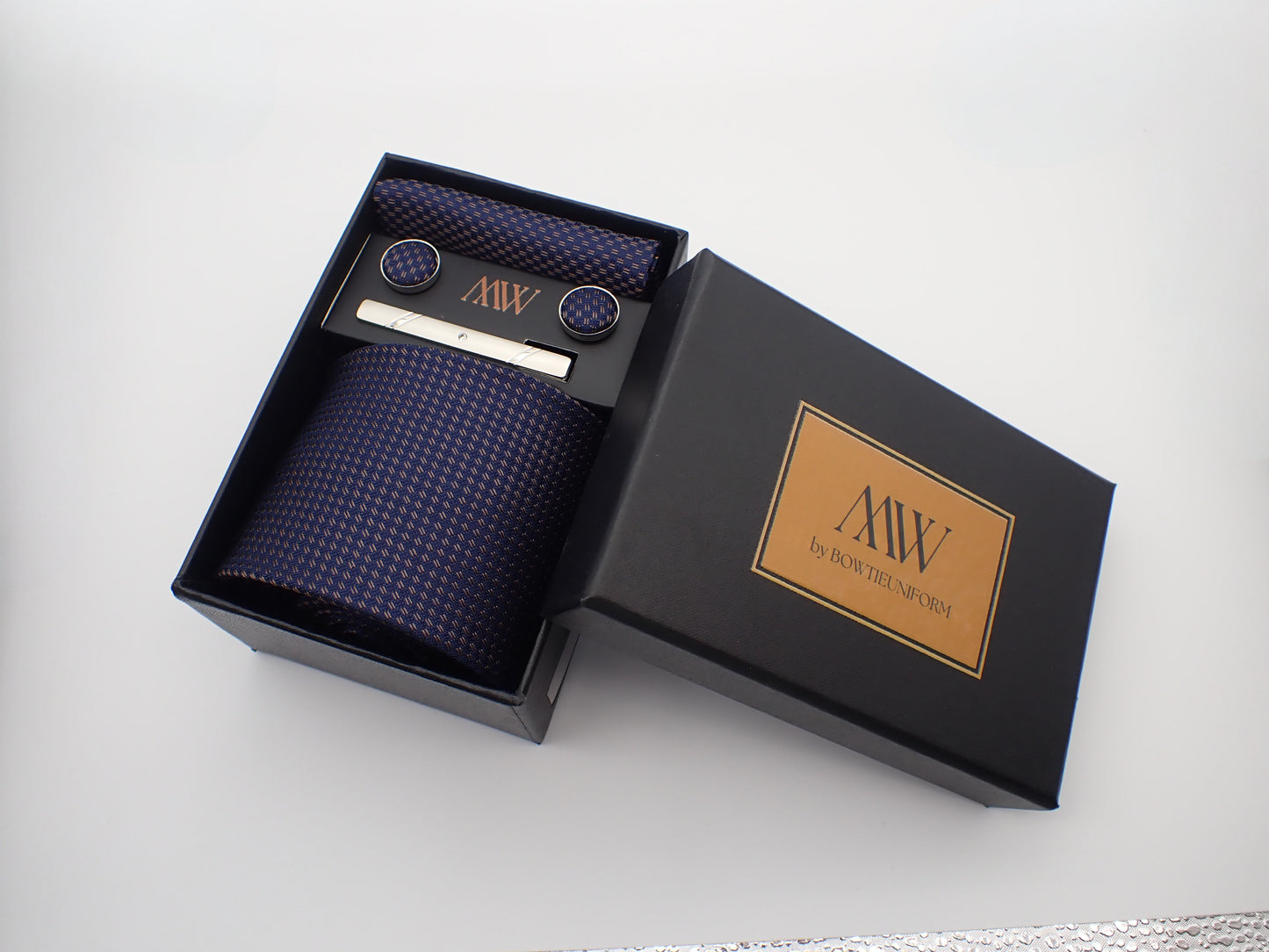 Navy Blue Pattern Necktie Set / Pocket Square Tie Bowtie Cufflinks Set / Wedding Tie / Tie Clips / Gift for him Mens Groomsmen Gift