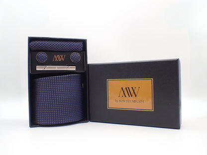 Navy Blue Pattern Necktie Set / Pocket Square Tie Bowtie Cufflinks Set / Wedding Tie / Tie Clips / Gift for him Mens Groomsmen Gift