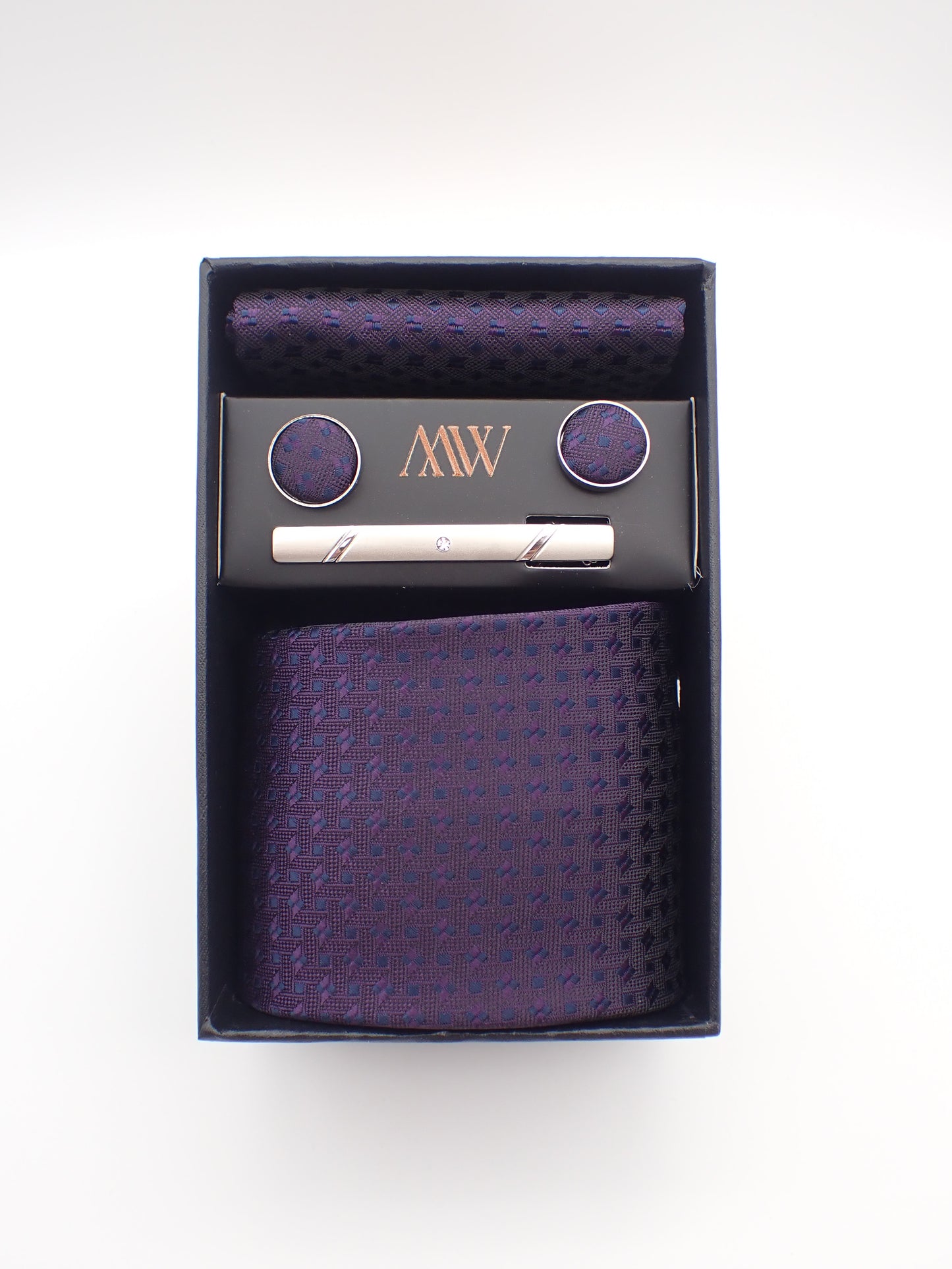 Dark Purple Pattern Necktie Set / Pocket Square Tie Bowtie Cufflinks Set / Wedding Tie / Tie Clips / Gift for him Mens Groomsmen Gift