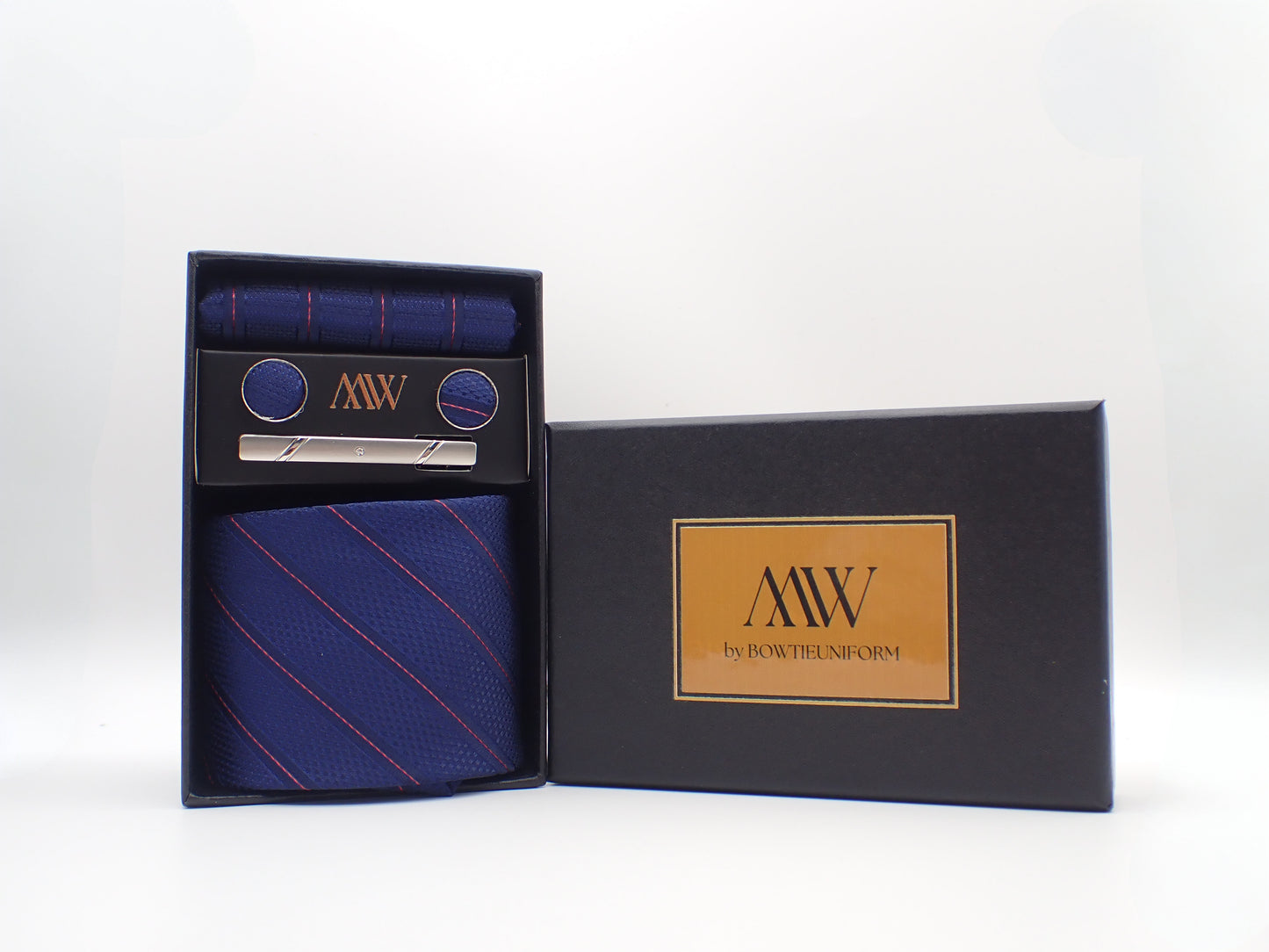 Navy Blue Stripe Necktie Set / Pocket Square Tie Bowtie Cufflinks Set / Wedding Tie / Tie Clips / Gift for him Mens Groomsmen Gift