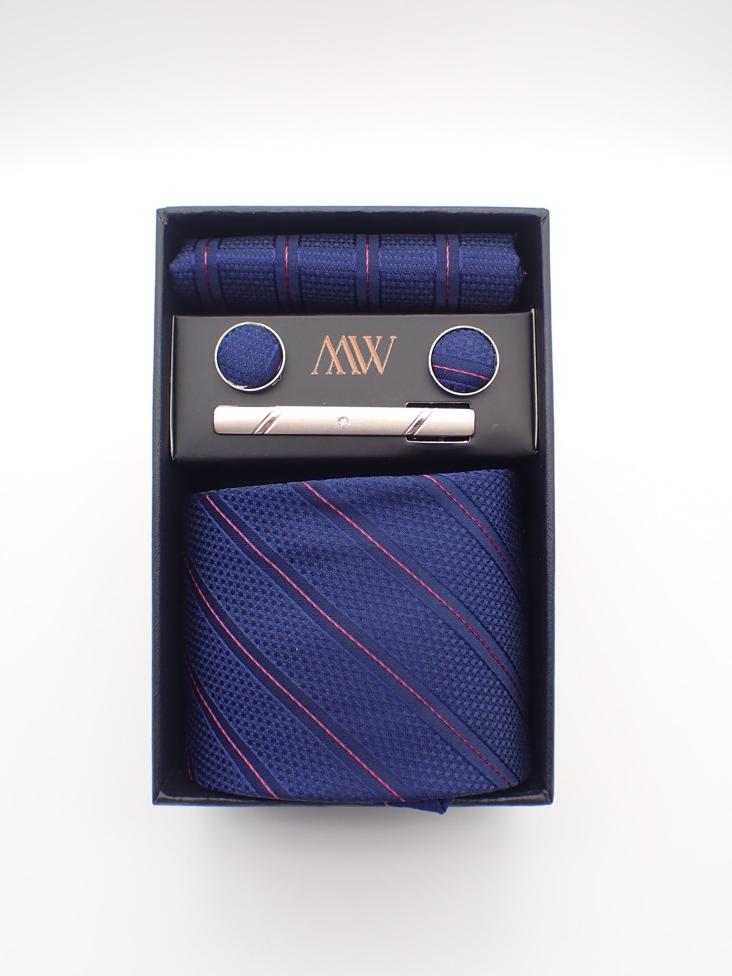 Navy Blue Stripe Necktie Set / Pocket Square Tie Bowtie Cufflinks Set / Wedding Tie / Tie Clips / Gift for him Mens Groomsmen Gift