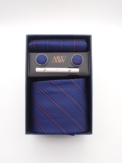 Navy Blue Stripe Necktie Set / Pocket Square Tie Bowtie Cufflinks Set / Wedding Tie / Tie Clips / Gift for him Mens Groomsmen Gift