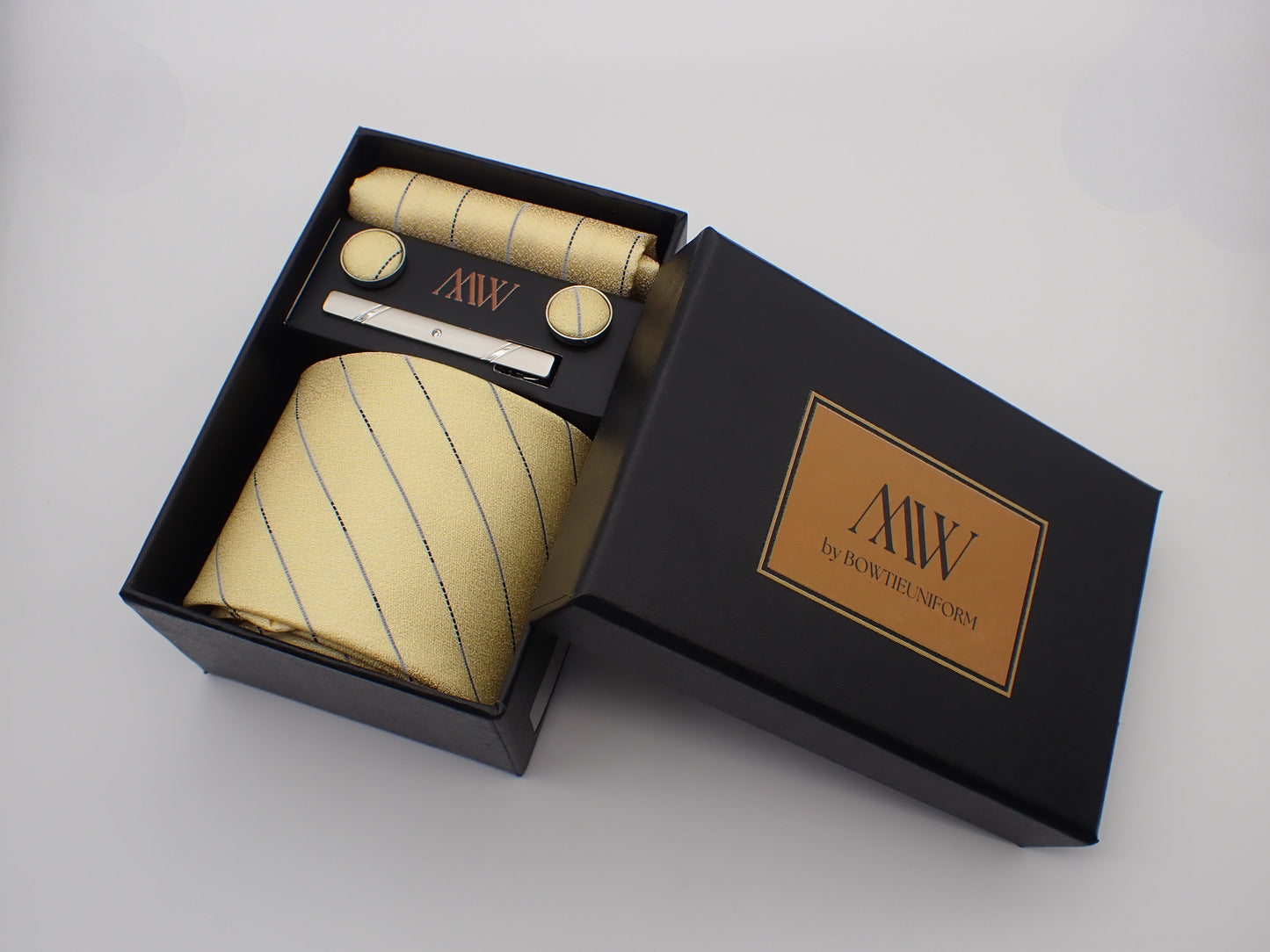 Gold Stripe Necktie Set / Pocket Square Tie Bowtie Cufflinks Set / Wedding Tie / Tie Clips / Gift for him Mens Groomsmen Gift