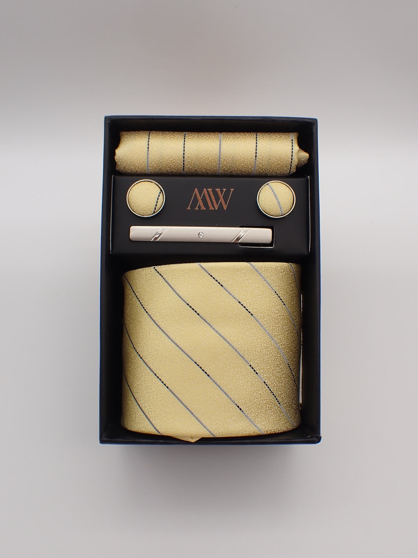 Gold Stripe Necktie Set / Pocket Square Tie Bowtie Cufflinks Set / Wedding Tie / Tie Clips / Gift for him Mens Groomsmen Gift